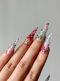 Spring Glass Floral Press On Nails | Hand Painted Flower Nails | Pastel Stiletto Nails | Elegant Floral Nail Art | Luxury Press Ons|HB1278HC