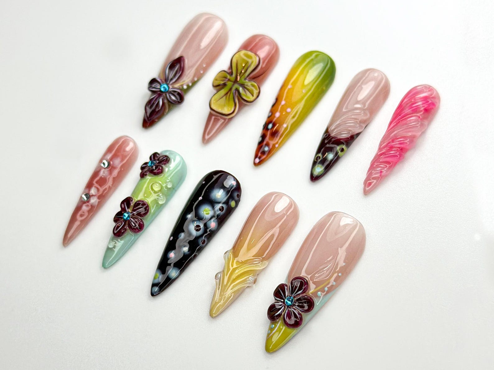 Tropical Sunset Floral Press On Nails | Vibrant Gradient Nail Art | 3D Island Flowers & Ombre Tips | Handmade Summer Nails | JC796HK