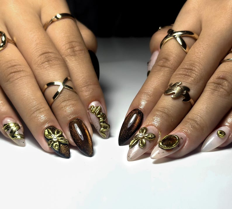 Golden Eclipse Glam Press On Nails | Metallic Brown Cat-Eye Gradient | 3D Gold Floral & Gem Accents | Luxury Handmade Nail Art | JB148EC