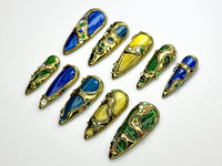 Luxury Gemstone Press On Nails | Blue, Green & Amber Enamel Stones Detail | Jewel-Encrusted Nail Set | Gold Jewel Nail Art | JB790HC