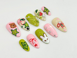 Custom Kawaii Bunny Press-On Nails | Bunny and Star Designs | Pink & Green Nail Set | Adorable Bunny Theme | Handmade Nail Art | JB615HC