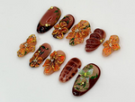 Custom Brown Floral Press-On Nails | Fall Leaves Design | Brown and Orange 3D Nail Art | Custom Nail Design | Autumn Elegance | JB595H