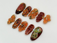 Custom Brown Floral Press-On Nails | Fall Leaves Design | Brown and Orange 3D Nail Art | Custom Nail Design | Autumn Elegance | JB595H