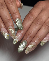 Jade Green Floral Press On Nails | Elegant Floral Nail Art | Zen Nature Press Ons | Nude Floral Butterfly Nails | Handmade 3D Nail | JB781HC