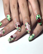 Cottagecore Daisy Ladybug Nails | Spring Gingham Press On Nails | Cute Picnic Nail Art | Green and White Nails | Floral Fake Nails| HC1317IC