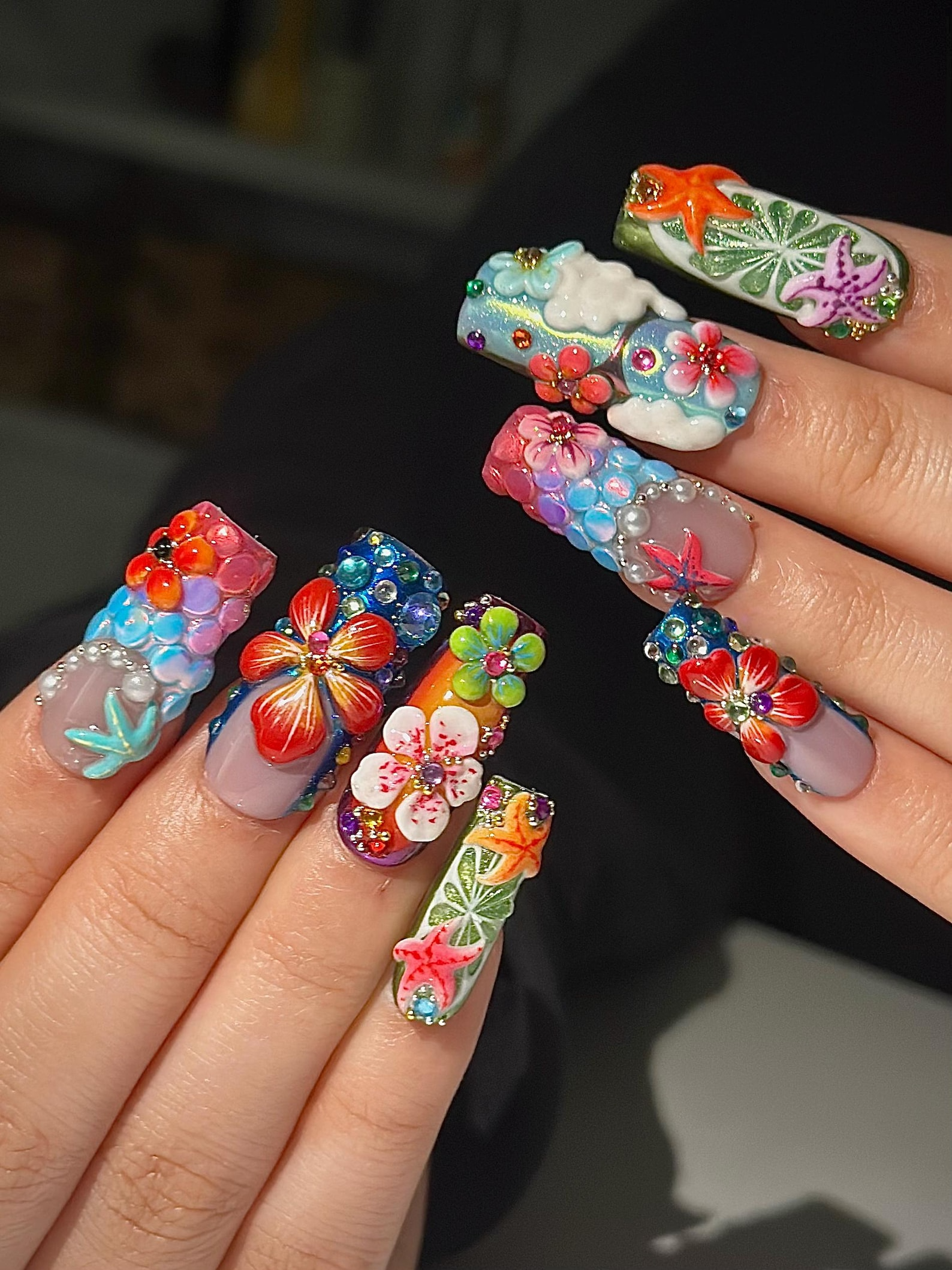 Midnight Sun Press On Nails for Festival | Colorful 3D Flower Nails | Festival Nail | Tropical Summer Luxury Nails | Artistic Nails| JA300HC