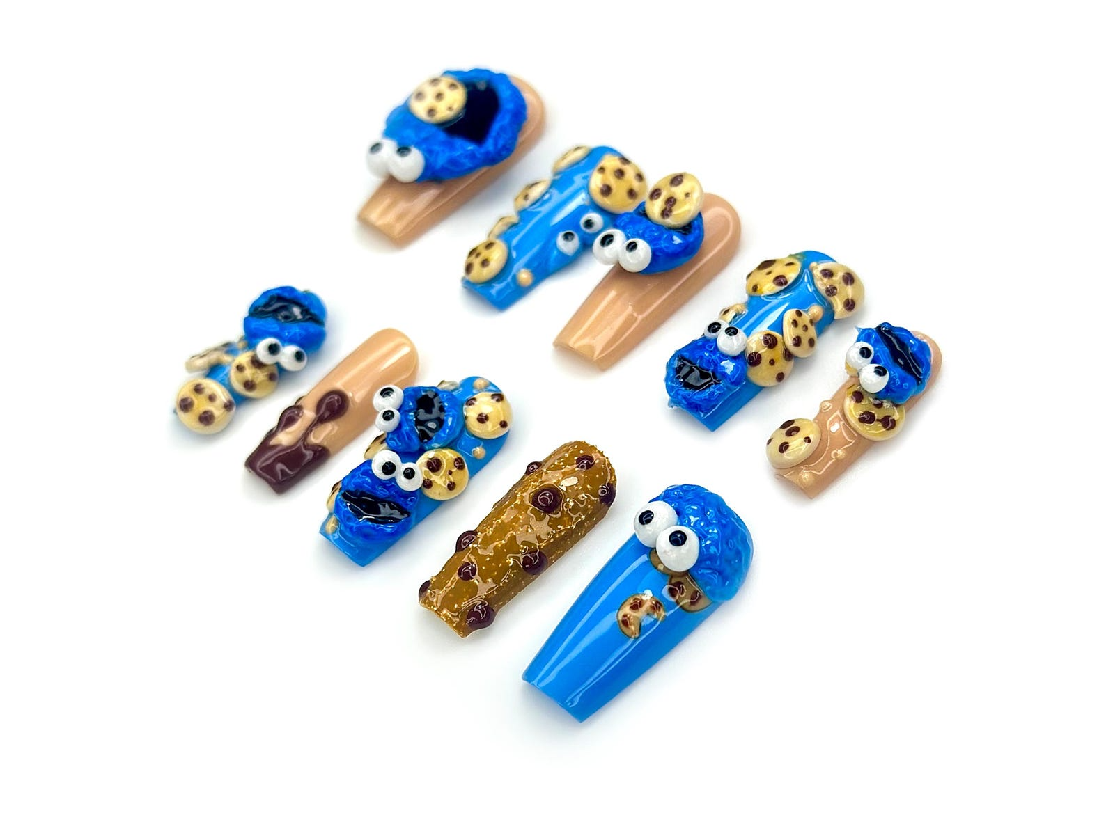 Cookie Monster Press On Nails | 3D Cookie & Monster Nail Art | Funny Blue Cartoon Nail Set | Handmade Pop Culture Nails | HB1048EC