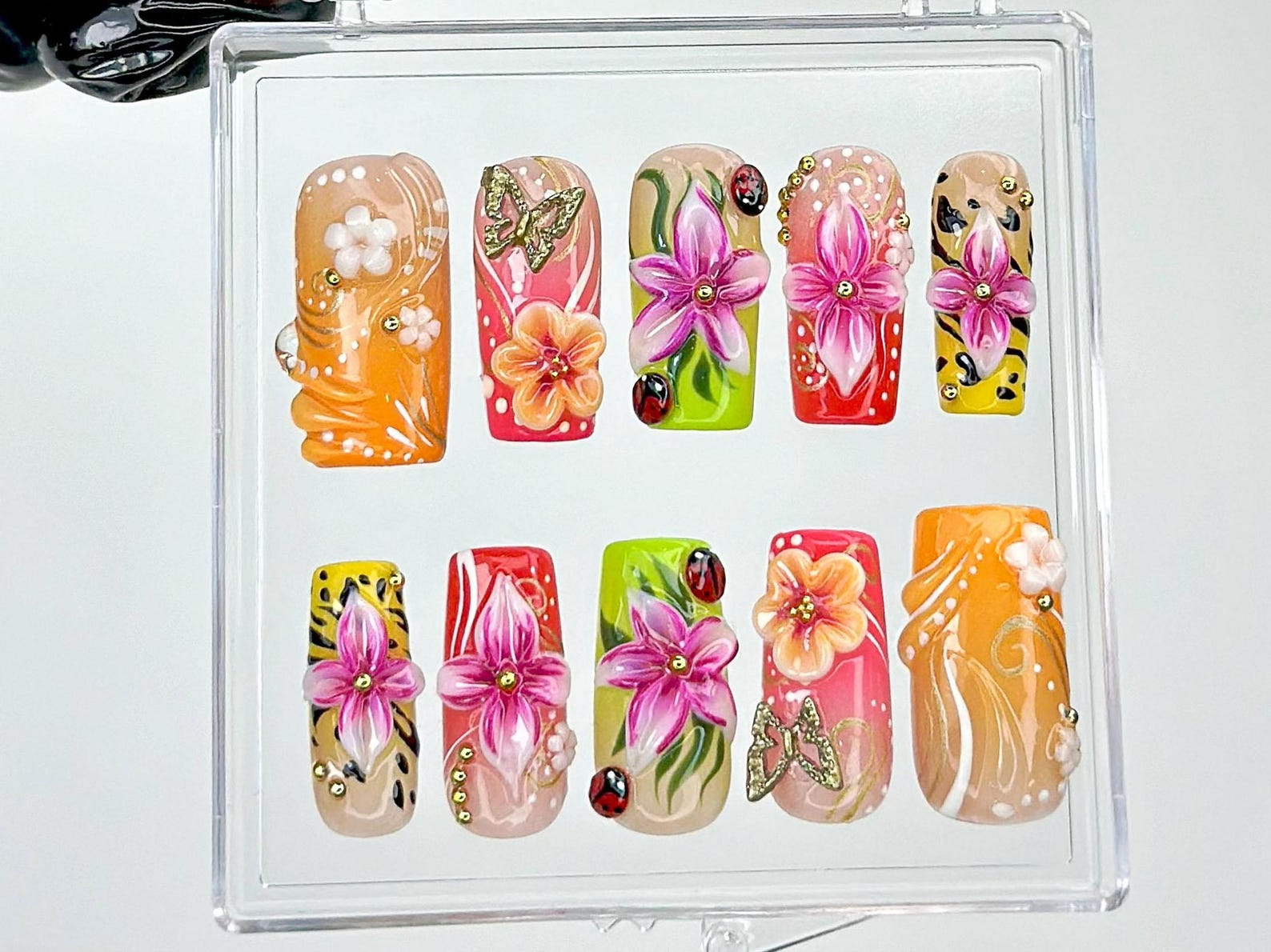 Tropical Bloom Press On Nails | Bright Summer Nail Art | Tropical Vibes Press Ons | Handmade Summer Fake nails | Luxury Nails | HB960YC