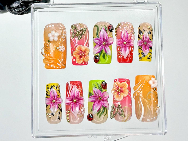 Tropical Bloom Press On Nails | Bright Summer Nail Art | Tropical Vibes Press Ons | Handmade Summer Fake nails | Luxury Nails | HB960YC