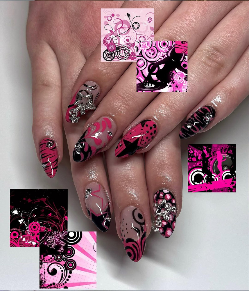 Y2K Hot Pink Press On Nails | Retro Pop Art Nail Set | Black & Pink Graphic Nails with Star Charms | Y2K Vibes Acrylic Press Ons | JC795HK