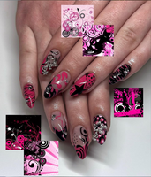 Y2K Hot Pink Press On Nails | Retro Pop Art Nail Set | Black & Pink Graphic Nails with Star Charms | Y2K Vibes Acrylic Press Ons | JC795HK