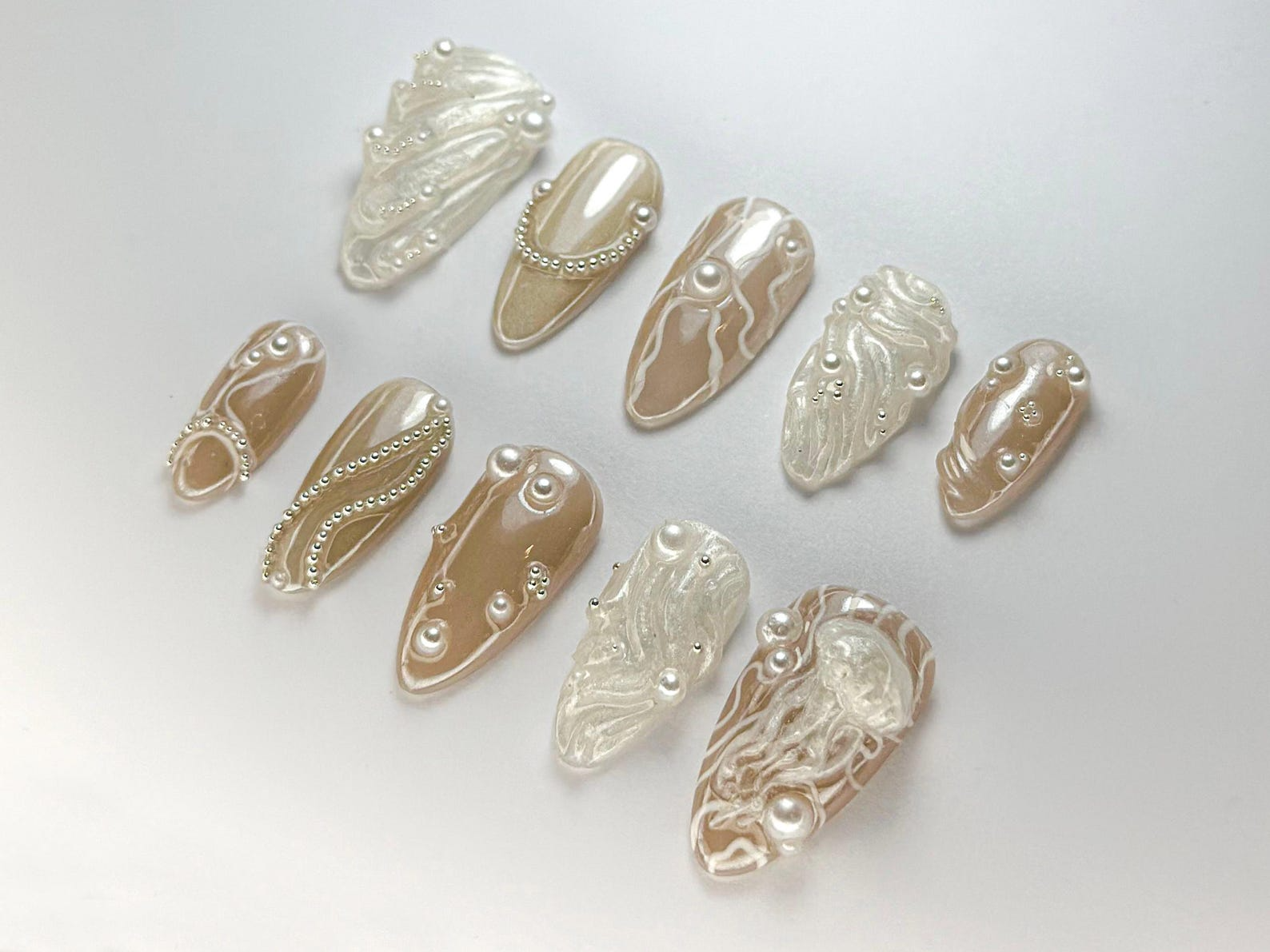 3D Pearl Jellyfish Press-On Nails | Ocean-Inspired Pearl Nail Set | Elegant Nude & Pearl Nail Art | Classy Ocean Nail | Ocean Theme| JB721HC