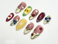 Garden Picnic Press On Nails | Fruit & Floral Summer Nail Art | 3D Ladybug And Lemon Nails | Handmade Berry Picnic Nail Tips | JC799HK