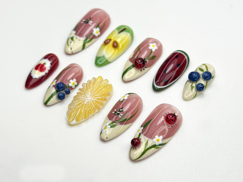 Garden Picnic Press On Nails | Fruit & Floral Summer Nail Art | 3D Ladybug And Lemon Nails | Handmade Berry Picnic Nail Tips | JC799HK