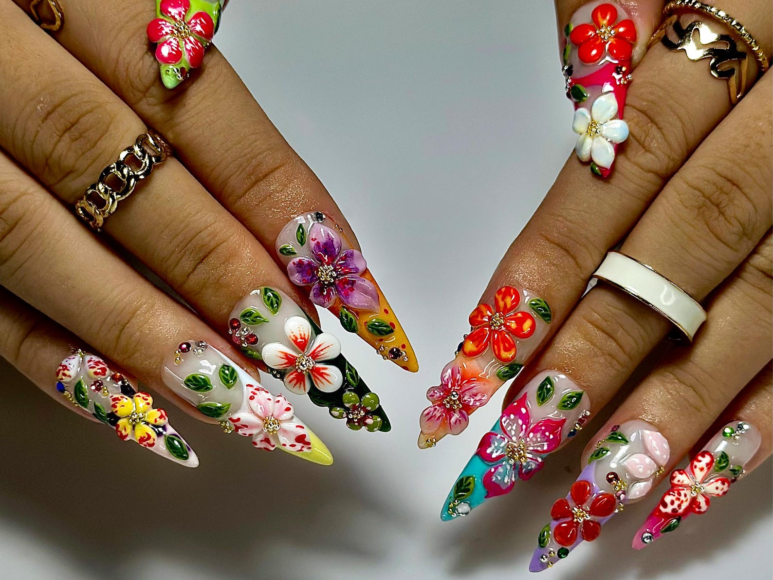 Tropical Garden Explosion Press On Nails | 3D Colorful Floral Nail Art | Rainbow Gradient Tips with Leaves & Gems | JB989EC