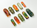 Retro Jungle Luxe Press On Nails | 3D Gold Abstract Nail Art | Green & Orange Swirl Press Ons | Handmade Statement Nails | JB976HC