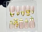 Kawaii Monkey Press On Nails | 3D Animal Fake Nails | Plaid & Monkey Nail Art | Pastel French Tips Press Ons | Kawaii Nails | HB908YC