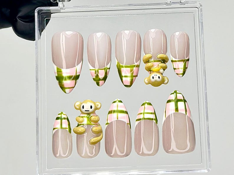 Kawaii Monkey Press On Nails | 3D Animal Fake Nails | Plaid & Monkey Nail Art | Pastel French Tips Press Ons | Kawaii Nails | HB908YC