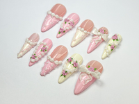 Coquette Pink Ribbon Press On Nails | 3D Blush Vintage Nail Set | Long French Ribbon Nails | Romantic Pink Press On Nails |JB760HC