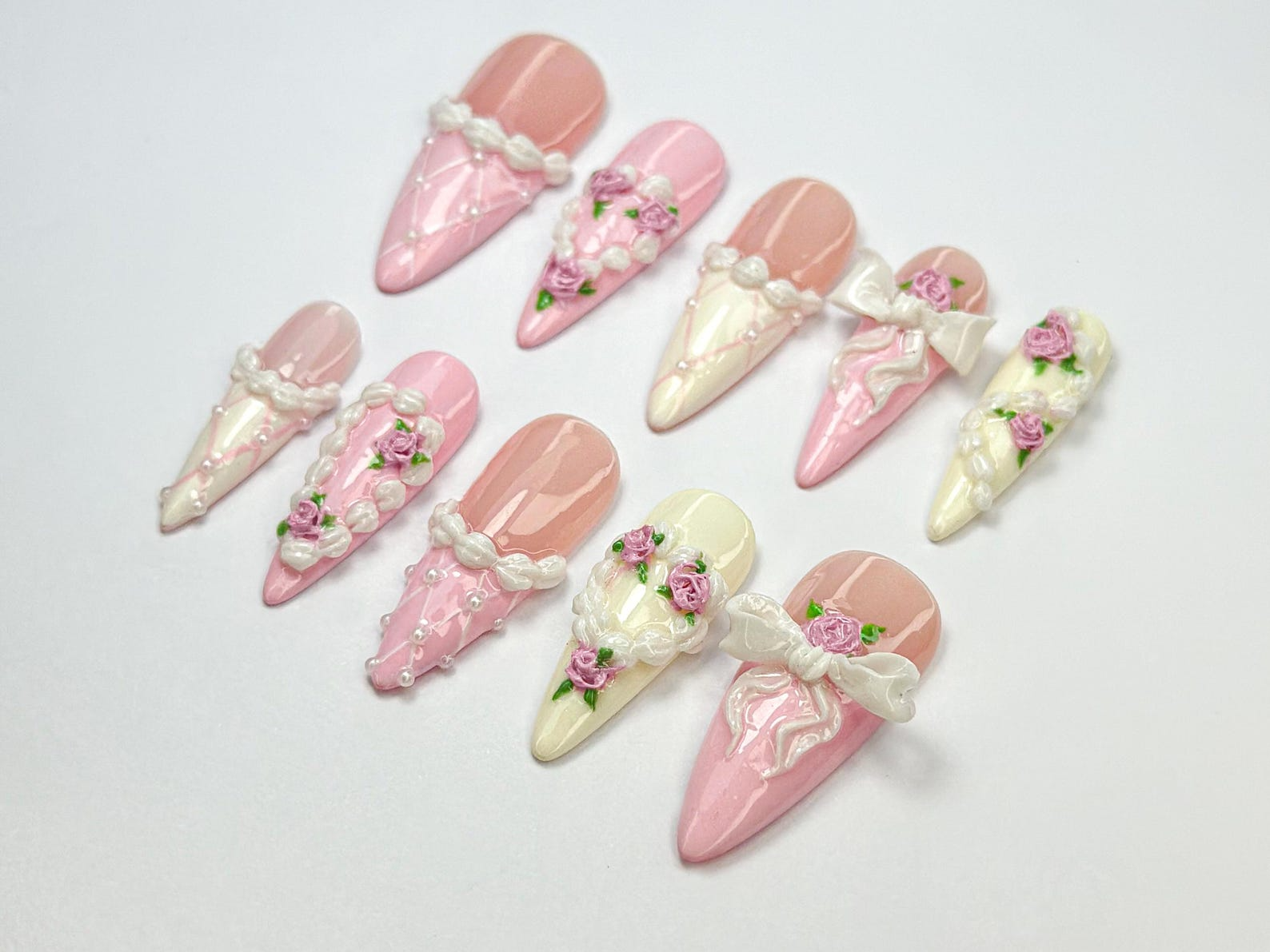 Coquette Pink Ribbon Press On Nails | 3D Blush Vintage Nail Set | Long French Ribbon Nails | Romantic Pink Press On Nails |JB760HC
