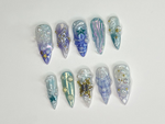 3D Tropical Beach Long Stiletto Nails | Ocean-Themed with Seaweed, Seashells, and Starfish | Handmade Press On Nails | JB328SL