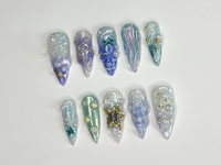 3D Tropical Beach Long Stiletto Nails | Ocean-Themed with Seaweed, Seashells, and Starfish | Handmade Press On Nails | JB328SL