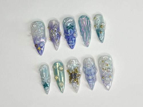 3D Tropical Beach Long Stiletto Nails | Ocean-Themed with Seaweed, Seashells, and Starfish | Handmade Press On Nails | JB328SL