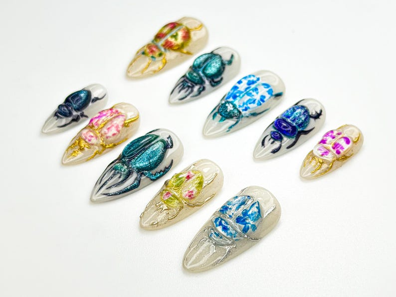 3D Beetle Press On Nails | Insect Art Nail Design | Vintage Bug Aesthetic Nails | Handmade Ceramic-Inspired Nail Set | Scarab Nails |JB875HC
