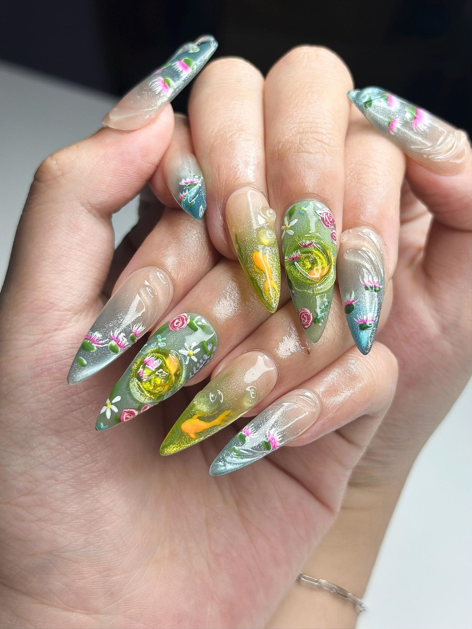 Zen Koi Pond Press On Nails | 3D Lotus Flower & Goldfish Art | Ethereal Ombre Shimmer Nails | Botanical Water Ripple Press Ons | JB361IC