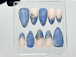 Silver Trim Denim Press On Nails | Blue Jean Fake Nails | Cowgirl Style Nail Art | Western Denim Press Ons | Textured Denim Nails | HB926YC