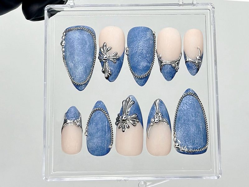 Silver Trim Denim Press On Nails | Blue Jean Fake Nails | Cowgirl Style Nail Art | Western Denim Press Ons | Textured Denim Nails | HB926YC
