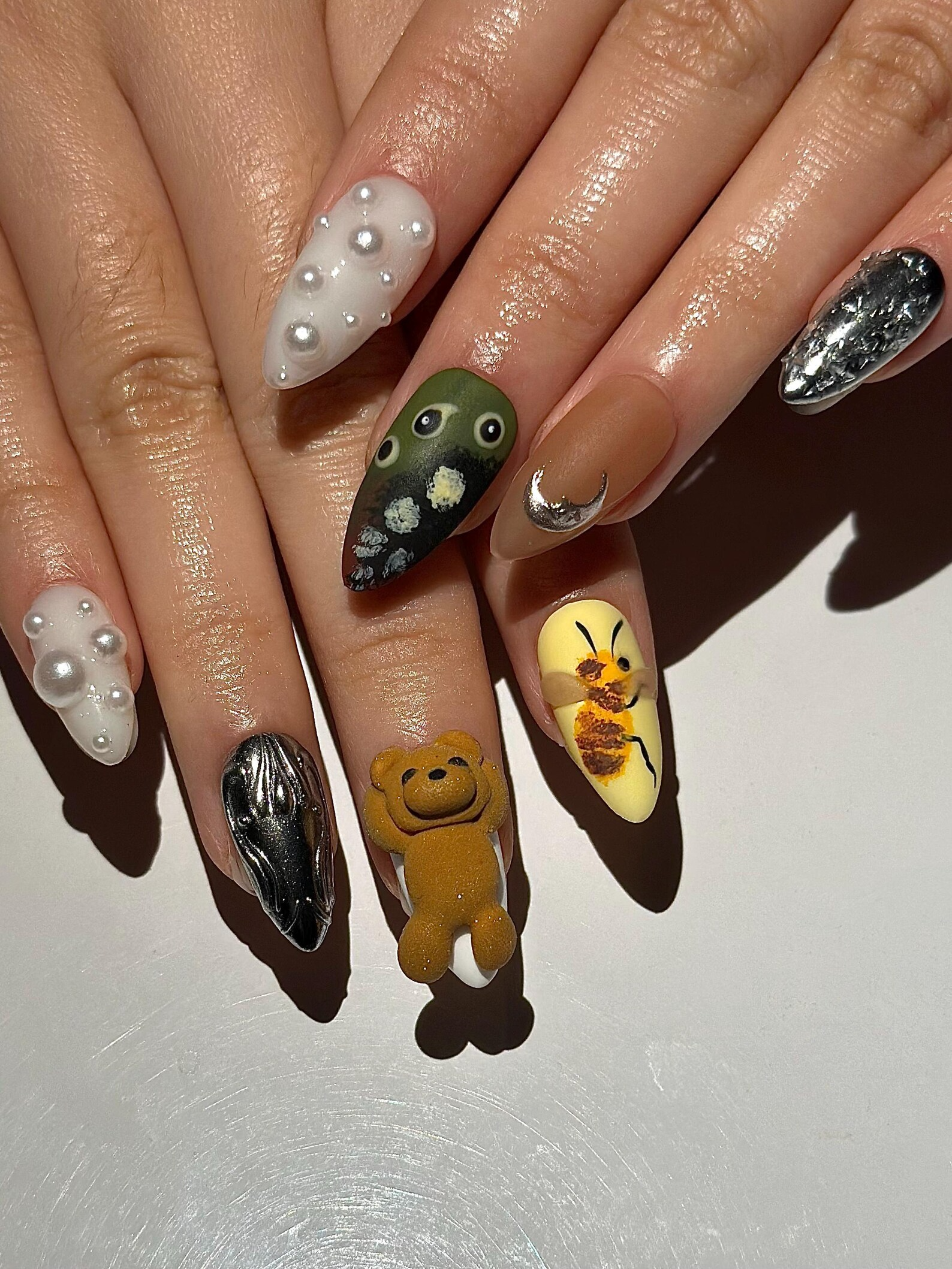 Cute Teddy Press On Nails | 3D Teddy Bear, Bee Nails | Handmade Animal Nail Art | Pearl & Chrome Accent Nails | Playful Press Ons | DB1021HC