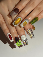 Abstract Texture Press On Nails, Mixed Media Artisan Nails with 3D Foliage, Handcrafted Gemstone and Mosaic Tile Reusable Nails, JB306HC
