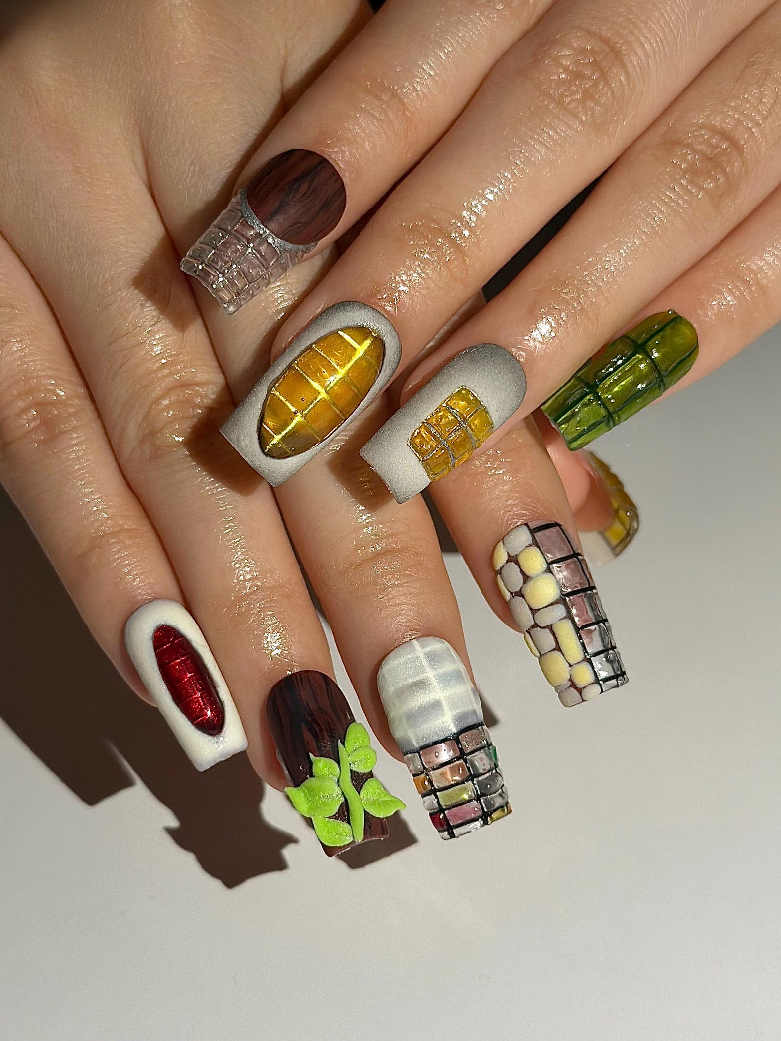 Abstract Texture Press On Nails, Mixed Media Artisan Nails with 3D Foliage, Handcrafted Gemstone and Mosaic Tile Reusable Nails, JB306HC