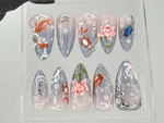 Japanese Koi Pond Long Almond Nails | Artistic Koi Fish Nail Art |Elegant Handcrafted Fake Nails | Luxurious False Nails |Koi-Themed|HB714YC