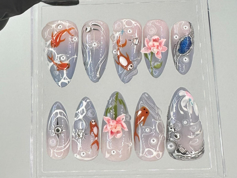 Japanese Koi Pond Long Almond Nails | Artistic Koi Fish Nail Art |Elegant Handcrafted Fake Nails | Luxurious False Nails |Koi-Themed|HB714YC