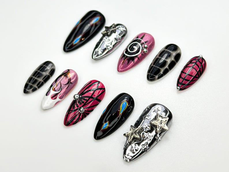 Y2K Black Pink Press On Nails | Silver Star Chrome Nails | Alt Fire Flame Design | Cyber Gothic Press Ons | Gothic Glam Nail Set | JC888H