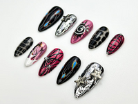 Y2K Black Pink Press On Nails | Silver Star Chrome Nails | Alt Fire Flame Design | Cyber Gothic Press Ons | Gothic Glam Nail Set | JC888H
