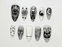 Cosmic Black Cat Press On Nails | Gothic Cat Nail Art | Moon Star Astrology Nails | Witchy Black White Press Ons | Mystic Nail Set | JB263H