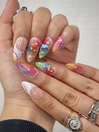 Midnight Sun Press On Nails for Y2K Lovers | Sunset Ombre Rainbow Nails with 3D Floral Art | 90s Nail Design | Artistic Press Ons | JB290HC