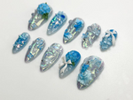 Iridescent Blue Garden Press On Nails | 3D Floral Glitter Nails | Elegant Blue Press On Nails | Handmade Romantic Bridal Set | JB774HC