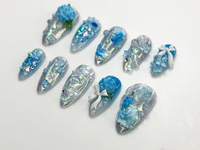 Iridescent Blue Garden Press On Nails | 3D Floral Glitter Nails | Elegant Blue Press On Nails | Handmade Romantic Bridal Set | JB774HC