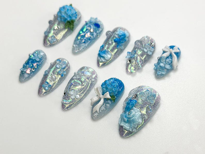 Iridescent Blue Garden Press On Nails | 3D Floral Glitter Nails | Elegant Blue Press On Nails | Handmade Romantic Bridal Set | JB774HC