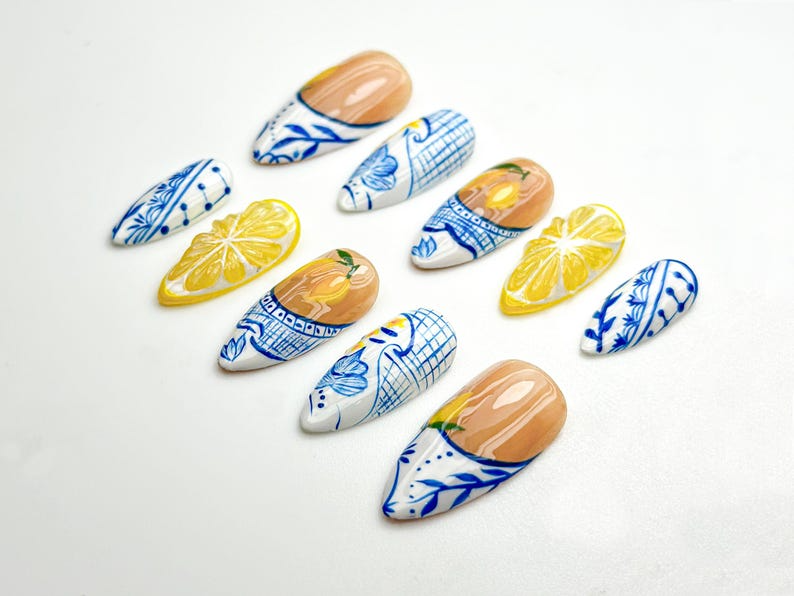Lemon Garden Press On Nails | Blue White Floral Ceramic Nail Art | Summer Lemon Zest Nails | Fresh Fruit Nails | Fresh Nails | JC934HK