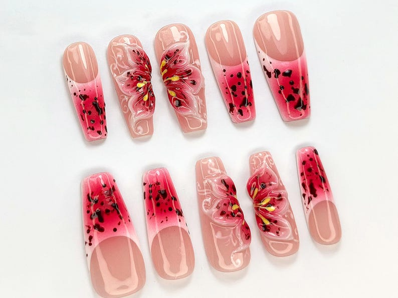 Hot Pink Bloom Press-On Nails | Spring Flower Press Ons | 3D Flowers Fake Nails| Perfect for Special Occasions | Summer Collection |JB768YC