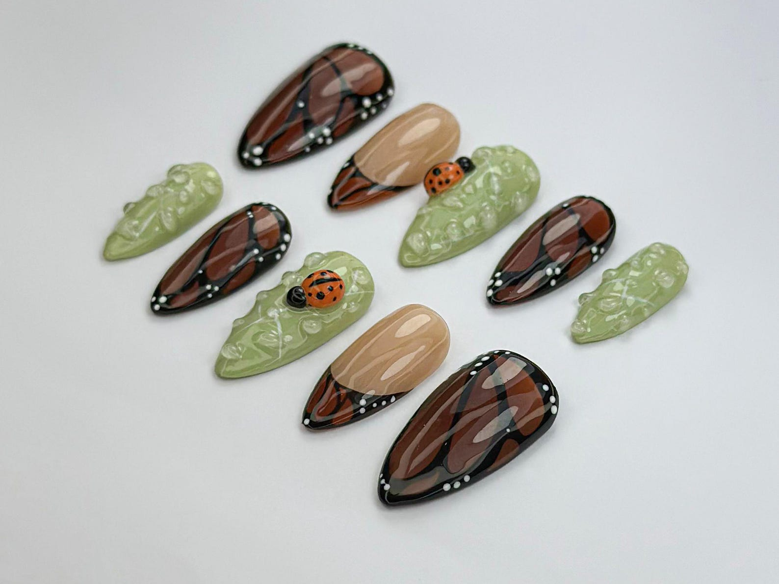 Monarch in Bloom Press On Nails | Butterfly & Bug Inspired Press Ons | Green And Brown Nail Art | Spring Nature Press On Nails | JB741H