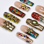 Handmade Baroque 3D Press-On Nails | Stained Glass Vitreaux Design | Long Square Gothic Fake Nails for Holiday, Vacation, Birthday | SKU: DORY-VTX001
