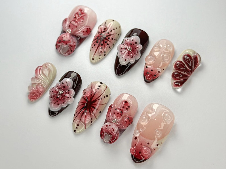 Elegant Red Floral Press On Nails By DoryNailArt | Burgundy & Blush Floral Art | Glossy Handmade Nails | Custom Wedding Nail Art | JC717H
