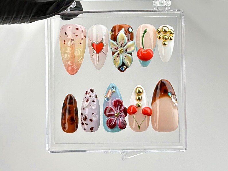 Holiday Sparkle Press On Nails | Red And White Crystal Embellished Acrylic Nails | Summer Wonderland Fake Nails | Luxury Press On Nails| HB624YC