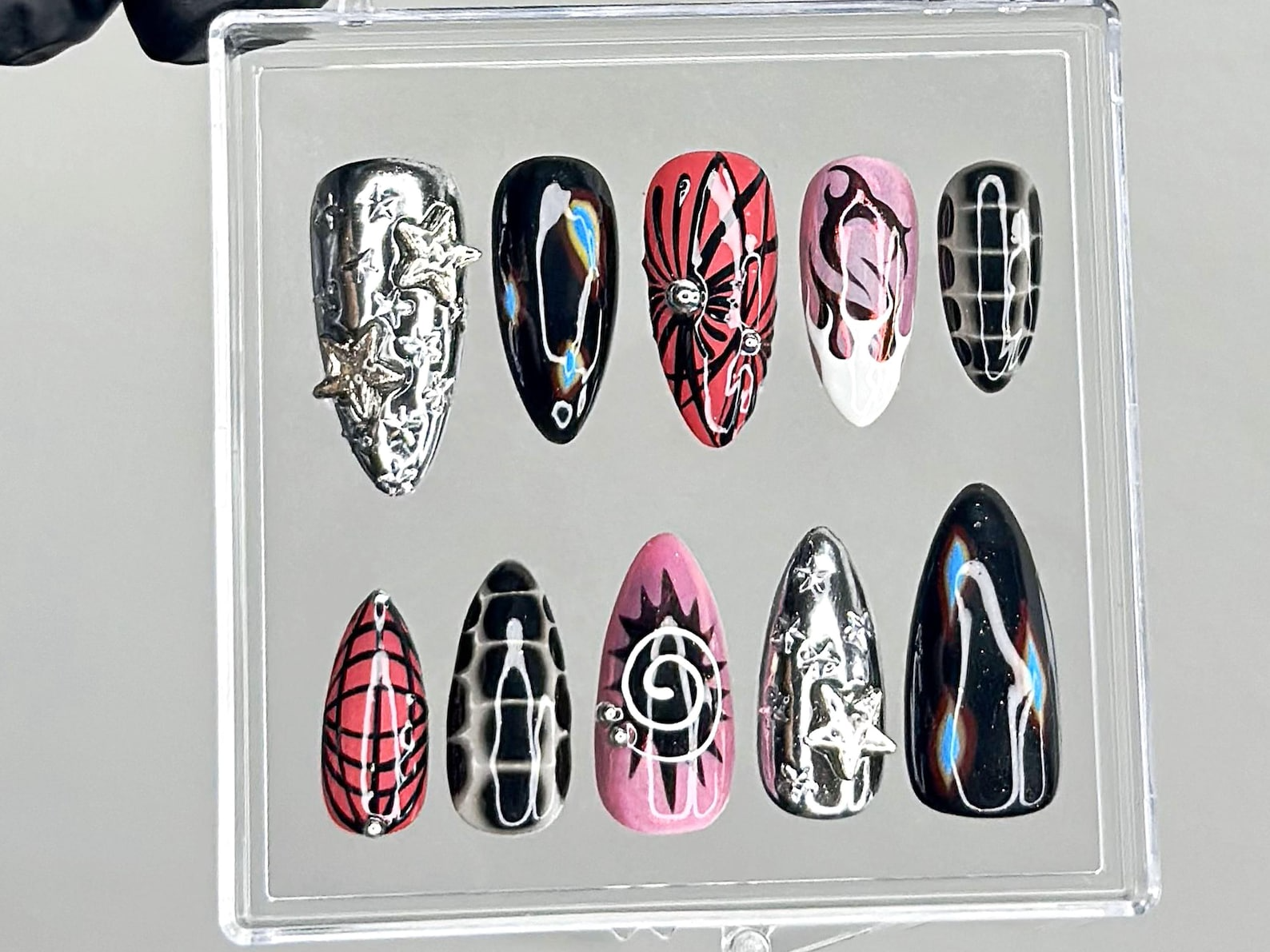 Chrome Flame Press On Nails | Gothic Spider Nail Art | Flame Spider Press Ons | Cyber Y2K Fake Nails | Emo Butterfly Press Ons | HC945YC